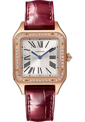Cartier Santos-Dumont Watch – 38 mm x 27.5 mm Pink Gold Case – Silver Satin-Brushed Dial – Burgundy Leather Strap – WJSA0017