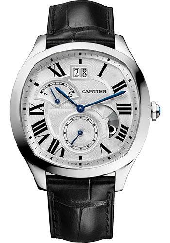 Cartier Drive de Cartier Large Date Retrograde Second Time Zone And Day Night Indicator Watch – 40 mm x 41 mm Steel Case – Silvered Dial – Black Alligator Strap – WSNM0016