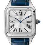 Cartier Santos-Dumont Watch – 43.5 mm Steel Case – Silver Dial – Navy Blue Strap – WSSA0022