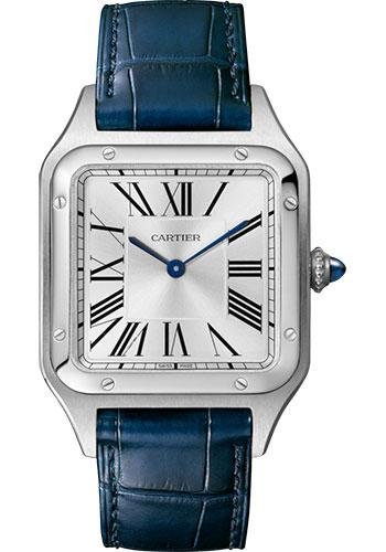 Cartier Santos-Dumont Watch – 43.5 mm Steel Case – Silver Dial – Navy Blue Strap – WSSA0022