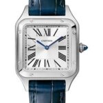 Cartier Santos-Dumont Watch – 38 mm Steel Case – Silver Dial – Navy Blue Strap – WSSA0023