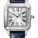 Cartier Santos-Dumont Watch – 46.6 mm x 33.9 mm Steel Case – Silver Dial – Navy Blue Leather Strap – WSSA0032