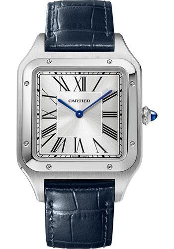 Cartier Santos-Dumont Watch – 46.6 mm x 33.9 mm Steel Case – Silver Dial – Navy Blue Leather Strap – WSSA0032
