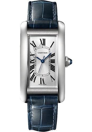 Cartier Tank Americaine Watch – 41.60 mm x 22.60 mm Steel Case – Silver Dial – Navy Blue Leather Strap – WSTA0044
