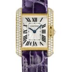 Cartier Tank Anglaise Watch – 30.2 mm Yellow Gold Diamond Case – Silvered Dial – Aubergine Alligator Strap – WT100014