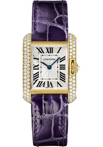 Cartier Tank Anglaise Watch – 30.2 mm Yellow Gold Diamond Case – Silvered Dial – Aubergine Alligator Strap – WT100014