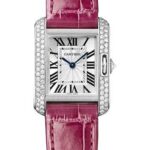 Cartier Tank Anglaise Watch – 30.2 mm White Gold Diamond Case – Silvered Dial – Fuschia Alligator Strap – WT100015