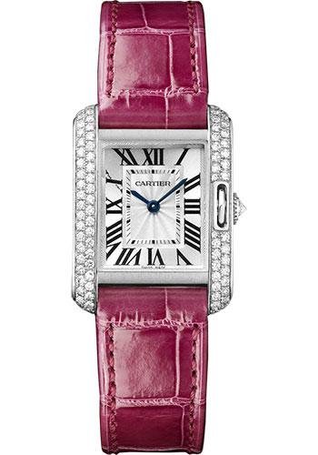 Cartier Tank Anglaise Watch – 30.2 mm White Gold Diamond Case – Silvered Dial – Fuschia Alligator Strap – WT100015