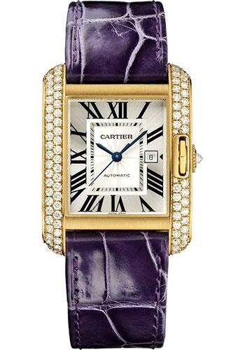 Cartier Tank Anglaise Watch – 39.2 mm Yellow Gold Diamond Case – Silvered Dial – Aubergine Alligator Strap – WT100017