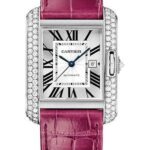 Cartier Tank Anglaise Watch – 39.2 mm White Gold Diamond Case – Silvered Dial – Fuschia Alligator Strap – WT100018