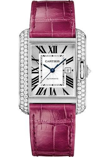 Cartier Tank Anglaise Watch – 39.2 mm White Gold Diamond Case – Silvered Dial – Fuschia Alligator Strap – WT100018