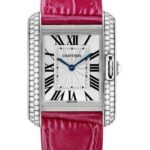 Cartier Tank Anglaise Watch – 34.7 mm White Gold Rodium Diamond Case – Silvered Flinque Dial – Fuchsia Pink Alligator Strap – WT100030