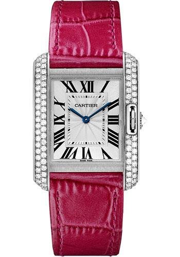 Cartier Tank Anglaise Watch – 34.7 mm White Gold Rodium Diamond Case – Silvered Flinque Dial – Fuchsia Pink Alligator Strap – WT100030