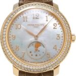 Patek Philippe Complications Diamond Ribbon Joaillerie Moon Phase Manual Winding Rose Gold Diamond Bezel 33.3mm White Mother of Pearl Dial Alligator Leather Strap | 4968R-001