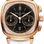 Patek Philippe Complications Ladies Chronograph 35 x 39mm Black Guilloche Roman Rose Gold Diamond Set Leather Manual | 7071R-010