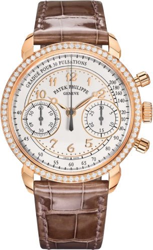 Patek Philippe Complications 38mm Chronograph Rose Gold Silver Opaline Dial Diamond Bezel – 7150/250R-001
