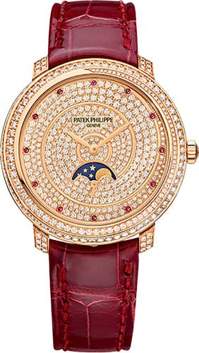 Patek Philippe Ladies Complications 33.3mm Diamond Paved Dial and Bezel Rose Gold Leather – 4968-400R-001