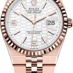Rolex Land-Dweller 36 Everose Gold Intense White Honeycomb Motif Dial Fluted Bezel Flat Jubilee Bracelet 127235