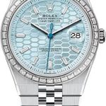 Rolex Land-Dweller 40 Platinum Ice Blue Honeycomb Motif Diamond Set Dial Baguette Diamond-Set Bezel Flat Jubilee Bracelet 127386TBR