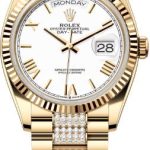Rolex Day-Date 36 36mm White Roman Dial Fluted Bezel with Diamond-Set President Bracelet – 128238 | 2024 Model