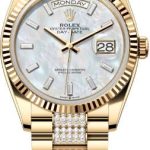 Rolex Day-Date 36 36mm White MOP Diamond-Set Dial Fluted Bezel with Diamond-Set President Bracelet – 128238 | 2024 Model