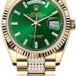 Rolex Day-Date 36 36mm Bright Green Diamond-Set Dial Fluted Bezel with Diamond-Set President Bracelet – 128238 | 2024 Model