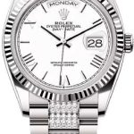 Rolex Day-Date 36 36mm White Roman Dial Fluted Bezel with Diamond-Set President Bracelet – 128239 | 2024 Model