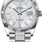 Rolex Day-Date 36 36mm White MOP Diamond-Set Dial Fluted Bezel with Diamond-Set President Bracelet – 128239 | 2024 Model