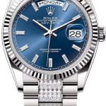 Rolex Day-Date 36 36mm Bright Blue Diamond-Set Dial Fluted Bezel with Diamond-Set President Bracelet – 128239 | 2024 Model