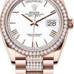 Rolex Day-Date 36 36mm White Roman Dial Diamond-Set Bezel with Diamond-Set President Bracelet – 128345RBR | 2024 Model