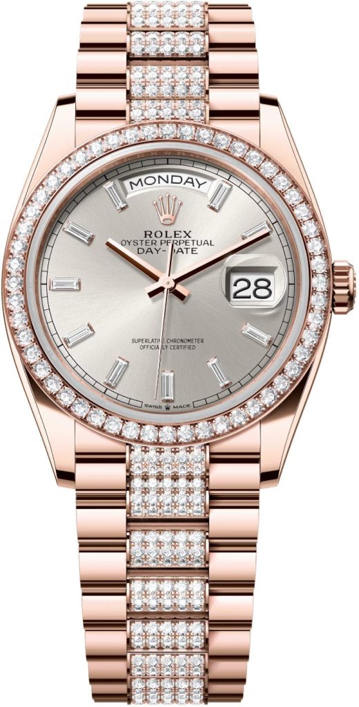 Rolex Day-Date 36 36mm Silver Diamond-Set Dial Diamond-Set Bezel with Diamond-Set President Bracelet – 128345RBR | 2024 Model