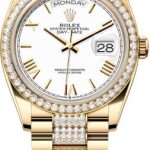 Rolex Day-Date 36 36mm White Roman Dial Diamond-Set Bezel with Diamond-Set President Bracelet – 128348RBR | 2024 Model
