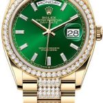Rolex Day-Date 36 36mm Bright Green Diamond-Set Dial Diamond-Set Bezel with Diamond-Set President Bracelet – 128348RBR | 2024 Model