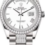 Rolex Day-Date 36 36mm White Roman Dial Diamond-Set Bezel with Diamond-Set President Bracelet – 128349RBR | 2024 Model