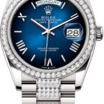 Rolex Day-Date 36 36mm Blue Ombré Roman Dial Diamond-Set Bezel with Diamond-Set President Bracelet – 128349RBR | 2024 Model