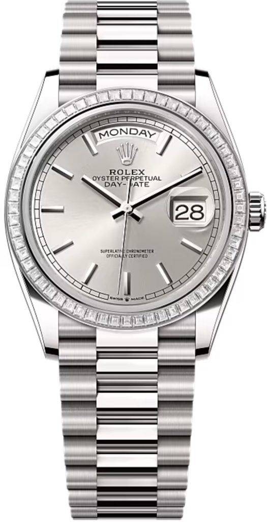 Rolex Day-Date 36 36mm Silver Stick Dial Diamond-Set Bezel President Bracelet – 128399TBR | 2024 Model