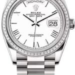 Rolex Day-Date 36 36mm White Roman Dial Diamond-Set Bezel President Bracelet – 128399TBR | 2024 Model