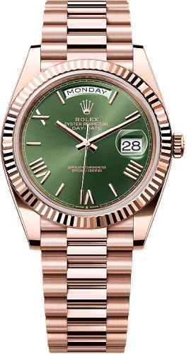 Rolex Day-Date 40 40mm Slate Olive Green Roman Dial Fluted Bezel President Bracelet – 228235 | 2024 Model