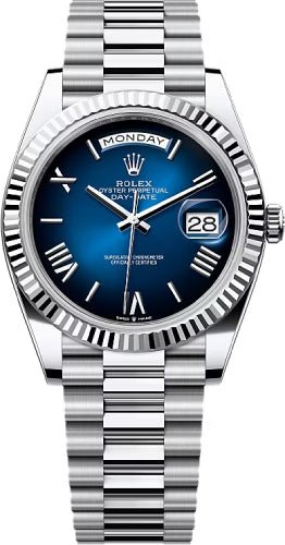 Rolex Day-Date 40 40mm Blue Ombré Roman Dial Fluted Bezel President Bracelet – 228236 | 2024 Model