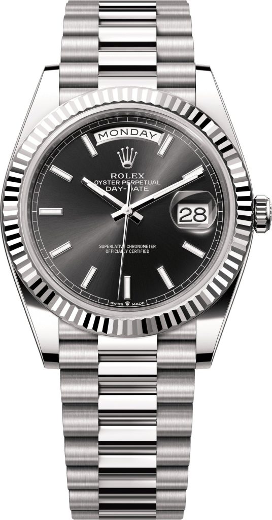 Rolex Day-Date 40 in 18 ct white gold bright black dial Fluted Bezel President Bracelet – 228239 | 2024 Model