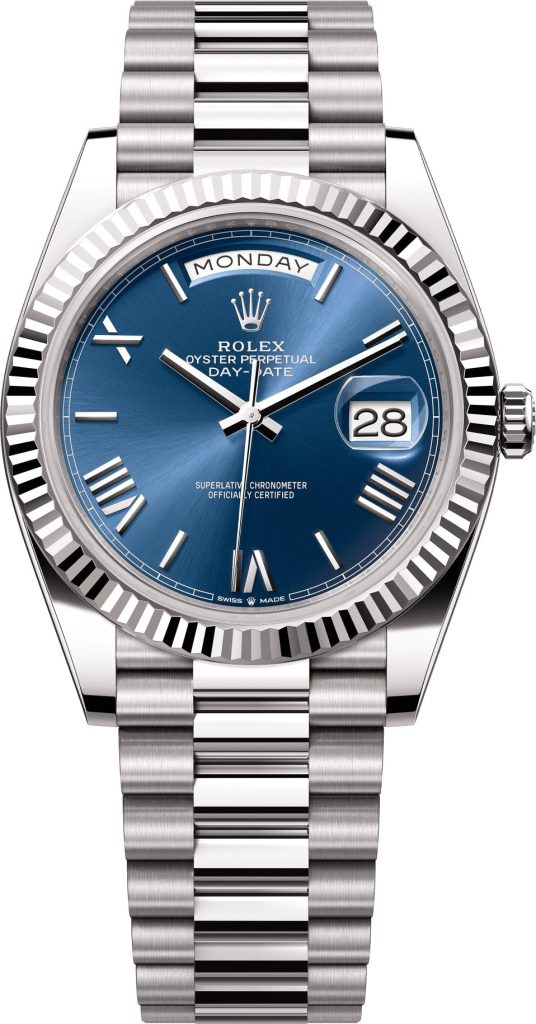 Rolex Day-Date 40 40mm bright blue dial Fluted Bezel President Bracelet – 228239 | 2024 Model