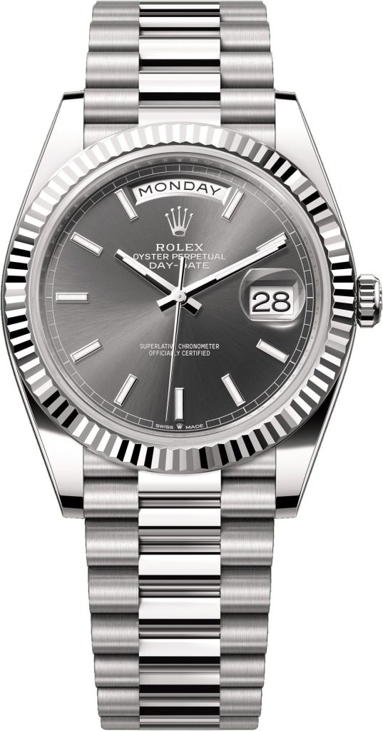 Rolex Day-Date 40 40mm White Gold Slate Dial Fluted Bezel President Bracelet – 228239 | 2024 Model