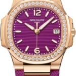 Patek Philippe Nautilus Date Sweep Seconds Quartz Rose Gold/Diamonds Lacquered Purple Dial Fabric Strap | 7010R-013