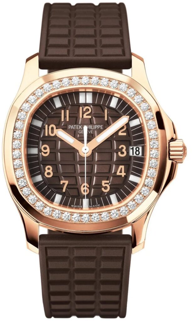 Patek Philippe Aquanaut Ladies 40 mm Embossed Brown Arabic Diamond Bezel Rose Gold Composite 35.6mm – 5068R-001