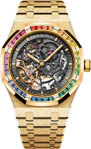 Audemars Piguet Royal Oak 41mm Frosted Gold Double Balance Wheel Openworked Yellow Gold Rainbow Gem-set Bezel | 15412BA.YG.1224BA.01-B