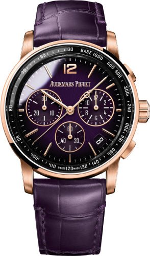 Audemars Piguet Code 11.59 Selfwinding 41mm Chronograph Rose Gold/Sapphire Purple Dial Leather Strap – 26393OR.OO.A616CR.01