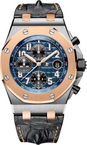 Audemars Piguet Royal Oak Offshore 42mm Selfwinding Chronograph Stainless Steel Blue Dial Rose Gold Bezel & Leather Strap – 26471SR.OO.D101CR.01