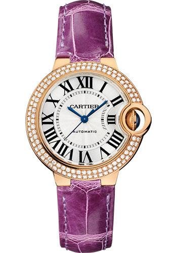 Cartier Ballon Bleu de Cartier Watch – 33 mm Pink Gold Diamond Case – Purple Alligator Strap – WE902066