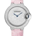Cartier Ballon Bleu de Cartier Watch – 33 mm White Gold Diamond Case – Diamond Paved Dial – Pearly Pink Alligator Strap – WE902047