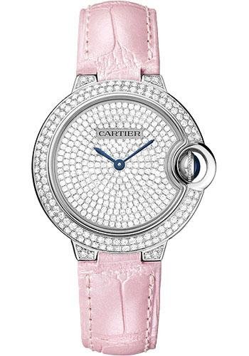 Cartier Ballon Bleu de Cartier Watch – 33 mm White Gold Diamond Case – Diamond Paved Dial – Pearly Pink Alligator Strap – WE902047